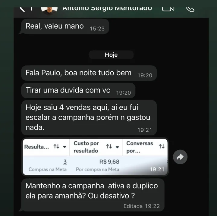 Print: aluno conta que saíram 4 vendas no dia e pergunta como escalar