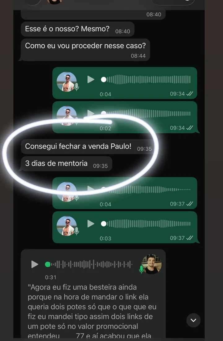 Print: aluno escreve 'Consegui fechar a venda, Paulo!' com 3 dias de mentoria